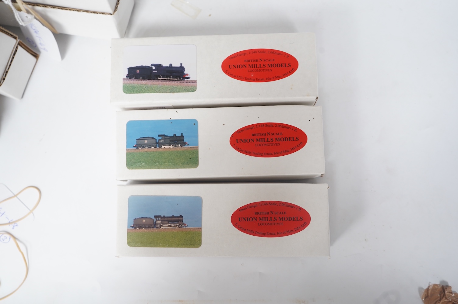 Three boxed Union Mills Models N gauge railway BR locomotives; a Class J38, 65929, a Class J11, 64292, and a Class 3F, 43214. Condition - good.